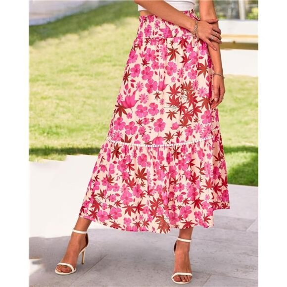 Women Floral Long Skirts Casual Elastic High Waist Pleated Swing A Line Boho - Picture 3 of 7